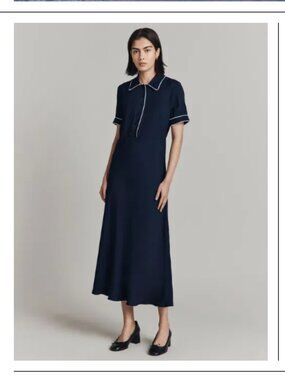 GHOST London Sophia Contrast Piping Midi Dress navy blue white 8US medium button